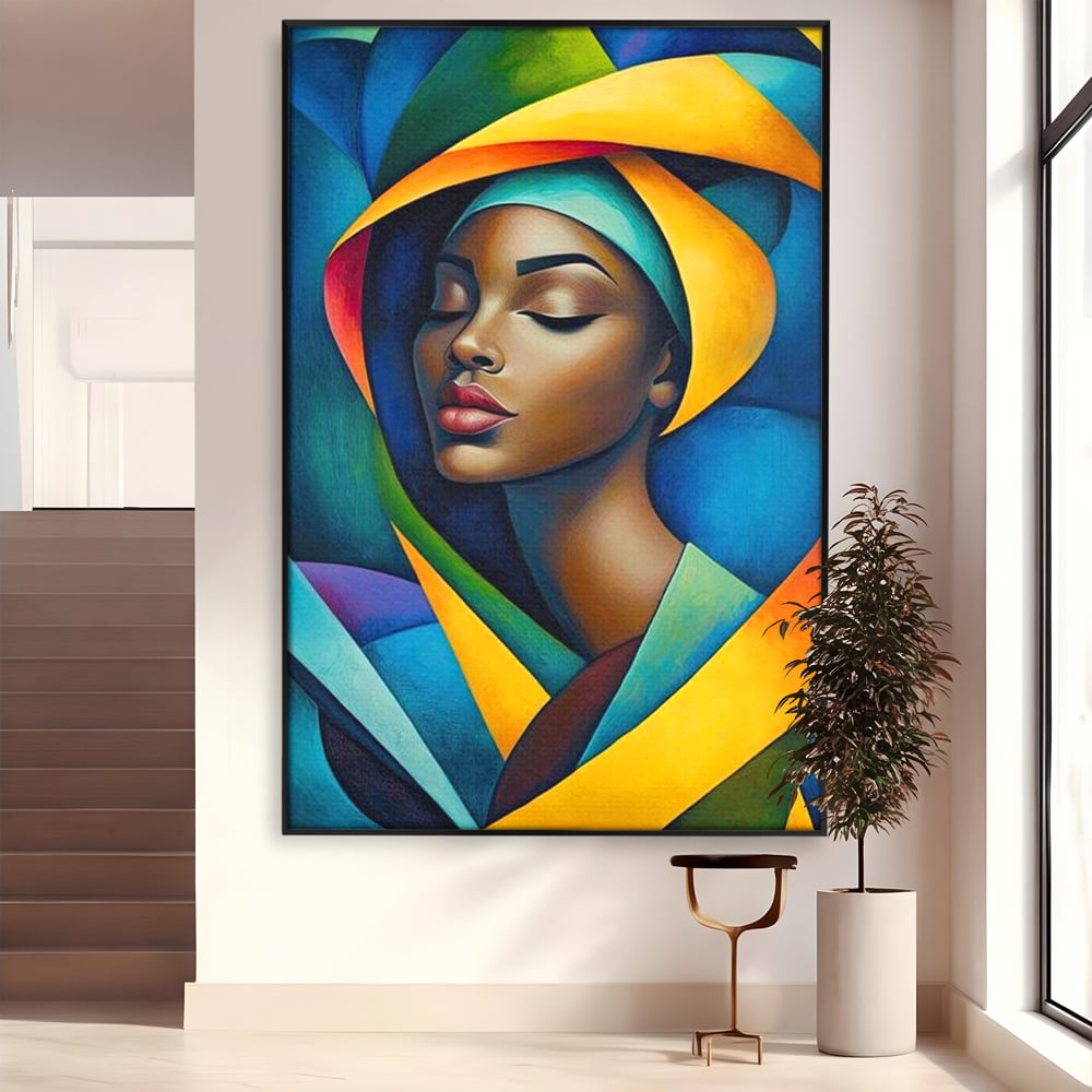 Tablou canvas cu tablou canvas cu portret feminin geometric, in rama de aluminiu negru